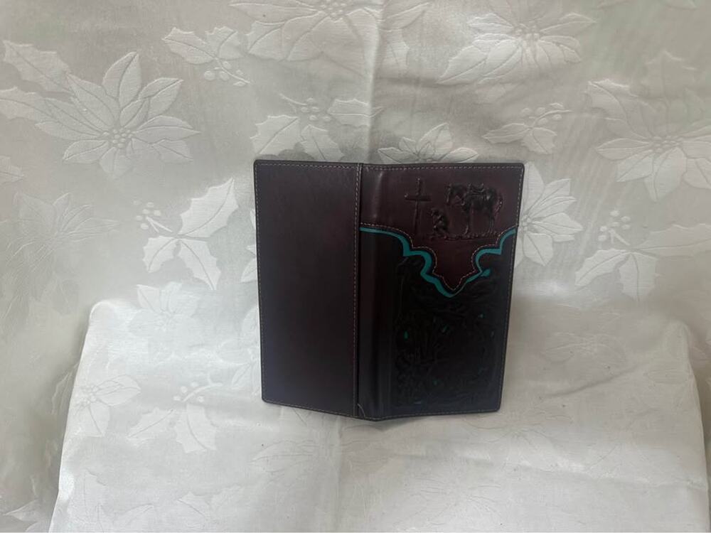 Mens Leather Cowboy Bifold Wallet DR Coffee. PRAYING COWBOY